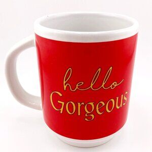 VINTAGE red gold white Hello Gorgeous ceramic mug ~ 1970s 1980s small coffee cup